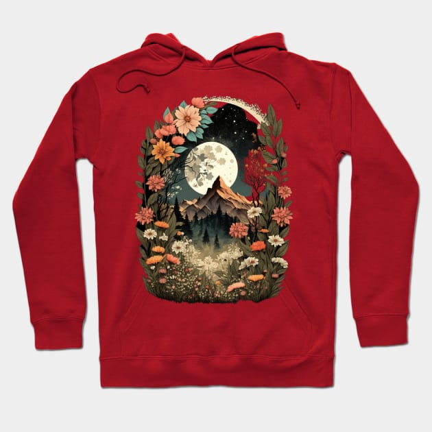 Boho Chic Floral Moon Mountain Forest Nature Retro Flower Hoodie by Kertz TheLegend